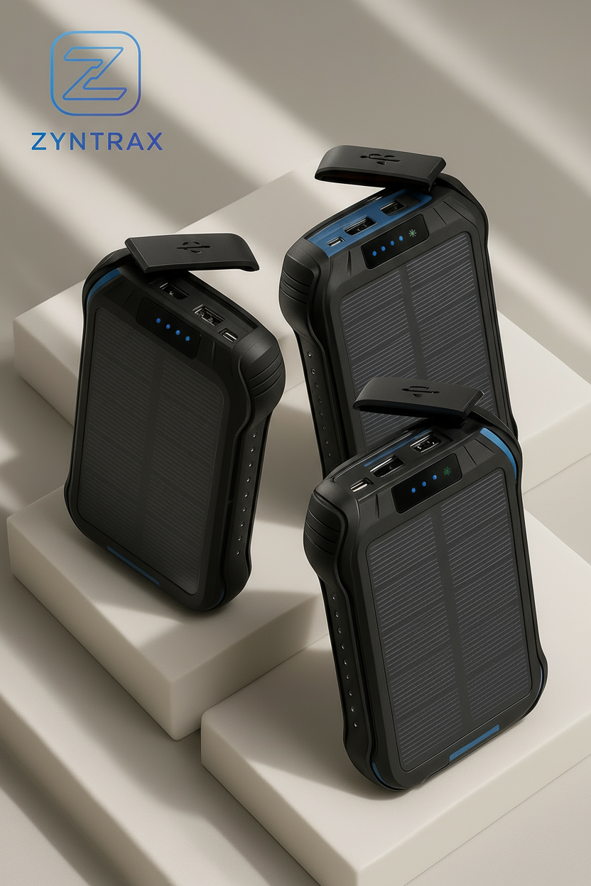 Three solar power banks on a white surface with Zyntrax branding.
Black solar power bank with charging ports on a white background