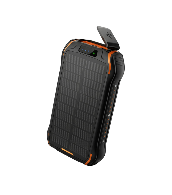 Black and orange solar power bank on a white background