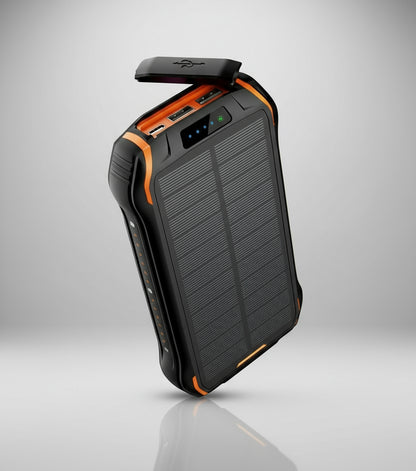 Black and orange solar power bank on a white background